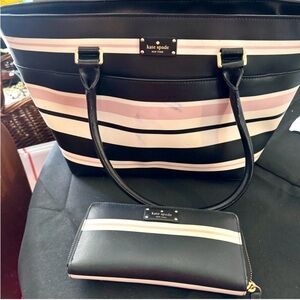 Kate Spade Black and Pink Striped Tote and Wallet